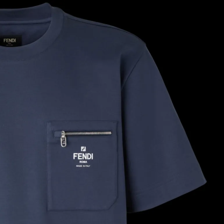 T-shirt col rond coton bleu marine poche zippée Fendi Blanc