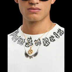 T-shirt col rond PALM ANGELS coton blanc logo flamme col noir