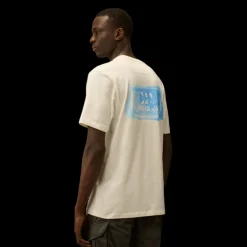 T-shirt CP COMPANY col rond jersey coton blanc cassé logo graphique dos bleu ciel