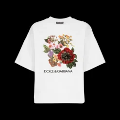 T-shirt DOLCE & GABBANA col rond coton blanc imprimé fleurs broderie sequins