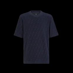 T-shirt FENDI col rond coton éponge bleu marine FF relief