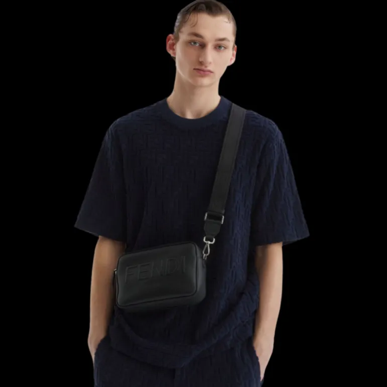 T-shirt FENDI col rond coton éponge bleu marine FF relief