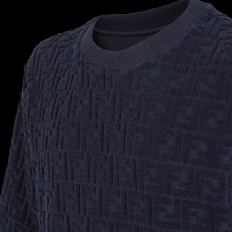 T-shirt FENDI col rond coton éponge bleu marine FF relief