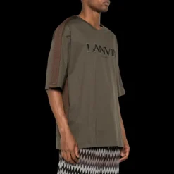 T-shirt LANVIN col rond coton vert marron broderie logo