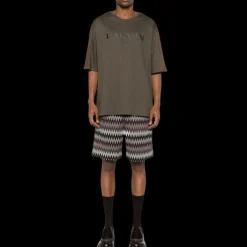 T-shirt LANVIN col rond coton vert marron broderie logo