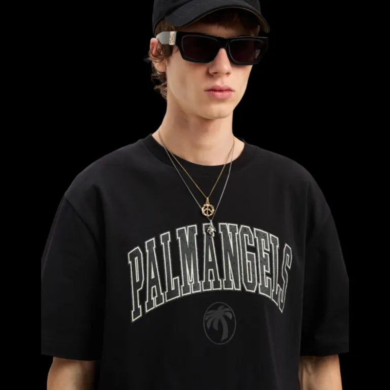 T-shirt manche courte PALM ANGELS coton noir logo universitaire blanc strass