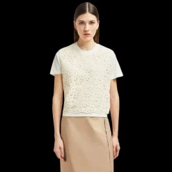 T-shirt MONCLER col rond coton écru motif floral macramé avant