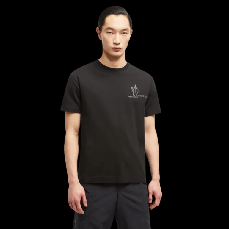 T-shirt MONCLER col rond coton noir logo Grenoble embossé gris