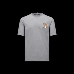 T-shirt MONCLER col rond coton gris broderie logo montagne marron