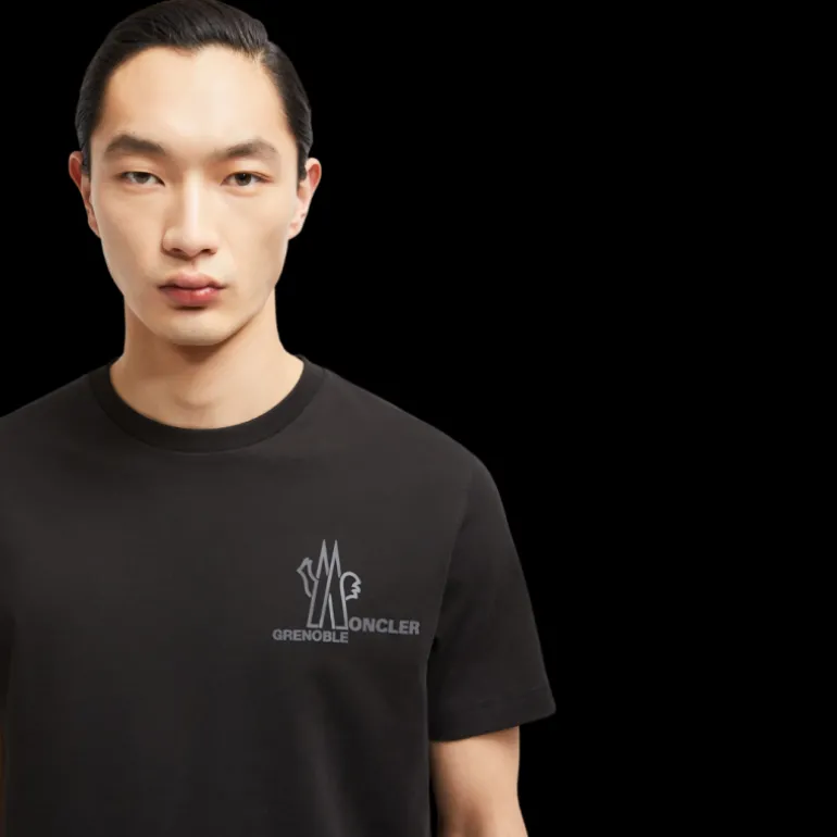 T-shirt MONCLER col rond coton noir logo Grenoble embossé gris