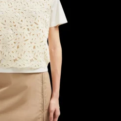 T-shirt MONCLER col rond coton écru motif floral macramé avant