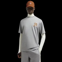 T-shirt MONCLER col rond coton gris broderie logo montagne marron