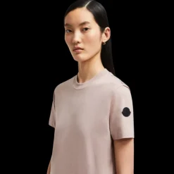 T-shirt MONCLER col rond coton rose pale dos plissé