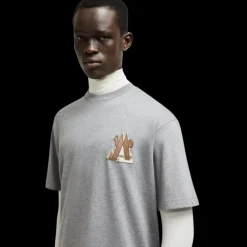 T-shirt MONCLER col rond coton gris broderie logo montagne marron