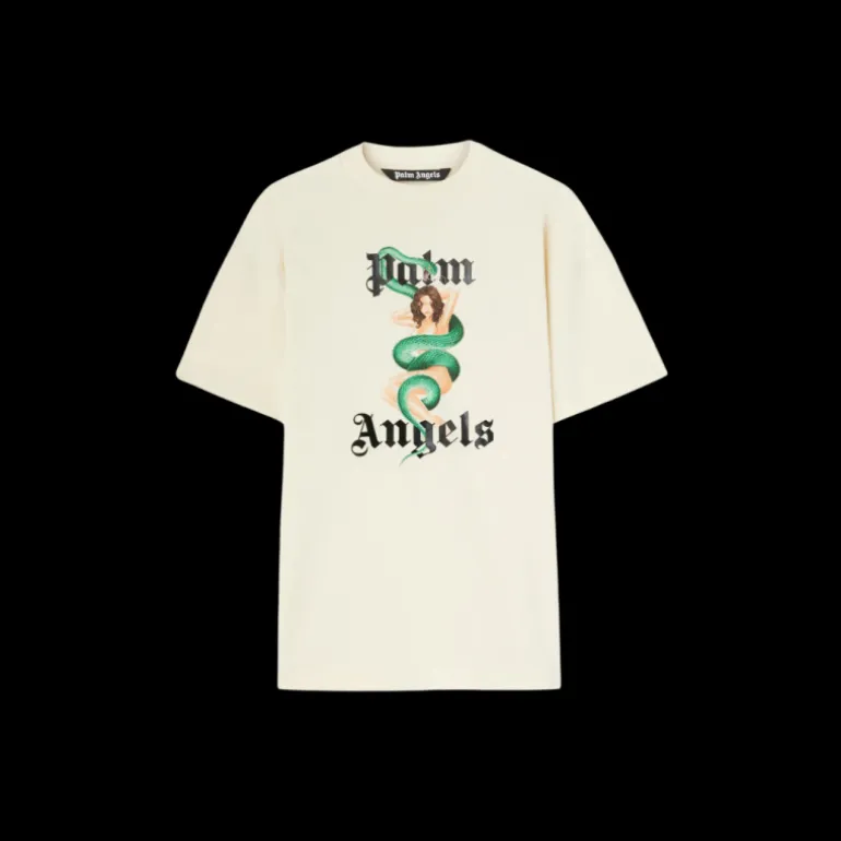 T-shirt PALM ANGELS col rond coton écru imprimé logo noir pin up vintage serpent
