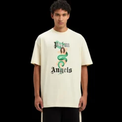 T-shirt PALM ANGELS col rond coton écru imprimé logo noir pin up vintage serpent