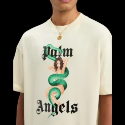 T-shirt PALM ANGELS col rond coton écru imprimé logo noir pin up vintage serpent
