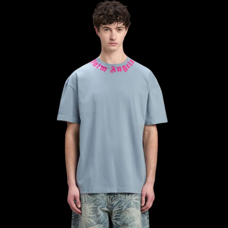 t-shirt PALM ANGELS coton bleu jeans logo écriture rose