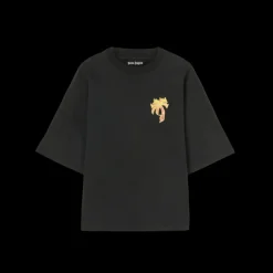 T-shirt PALM ANGELS coton noir logo palmier effet Flamme