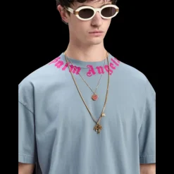 t-shirt PALM ANGELS coton bleu jeans logo écriture rose