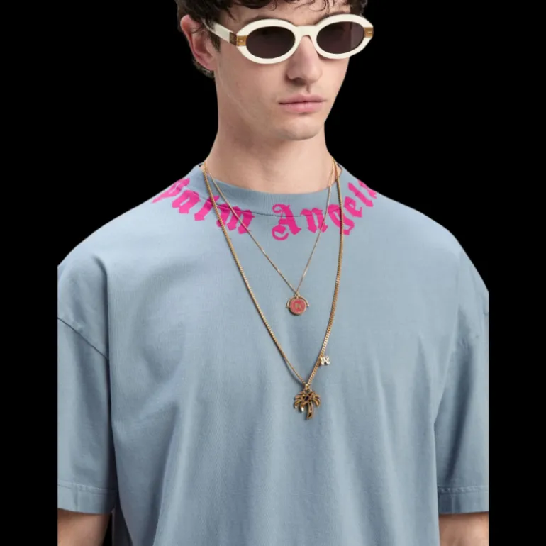 t-shirt PALM ANGELS coton bleu jeans logo écriture rose
