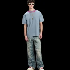 t-shirt PALM ANGELS coton bleu jeans logo écriture rose