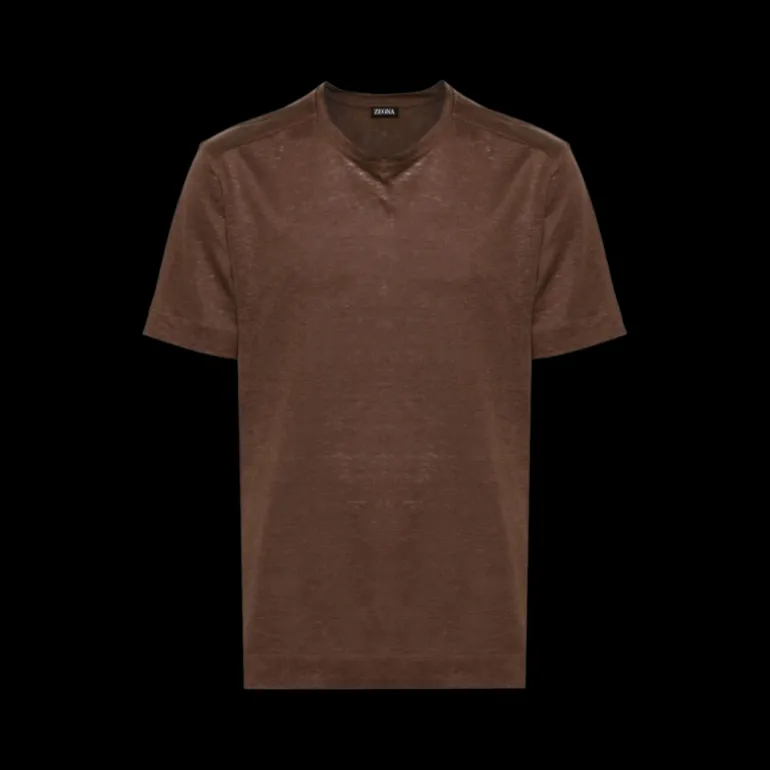 T-shirt ZEGNA col rond manche courte lin marron chocolat