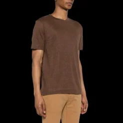 T-shirt ZEGNA col rond manche courte lin marron chocolat