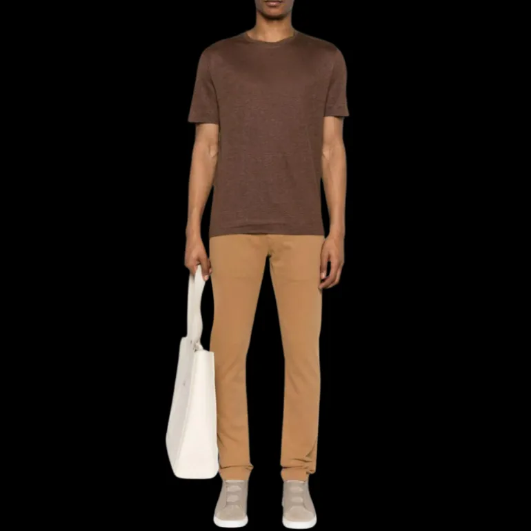 T-shirt ZEGNA col rond manche courte lin marron chocolat
