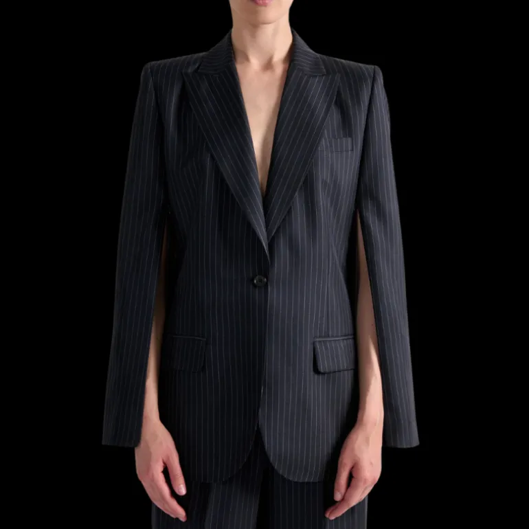 Veste blazer BARBARA BUI soie bleu marine rayures tennis zip dos