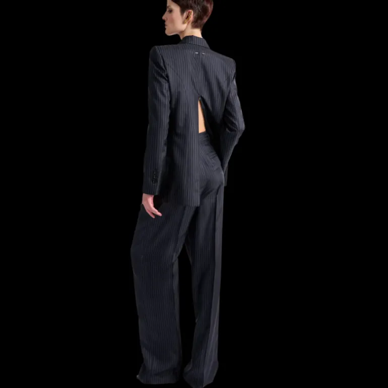 Veste blazer BARBARA BUI soie bleu marine rayures tennis zip dos