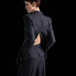 Veste blazer BARBARA BUI soie bleu marine rayures tennis zip dos