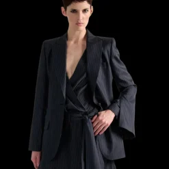 Veste blazer BARBARA BUI soie bleu marine rayures tennis zip dos