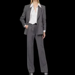 Veste Blazer croisé ALBERTA FERRETTI flanelle laine gris rayures