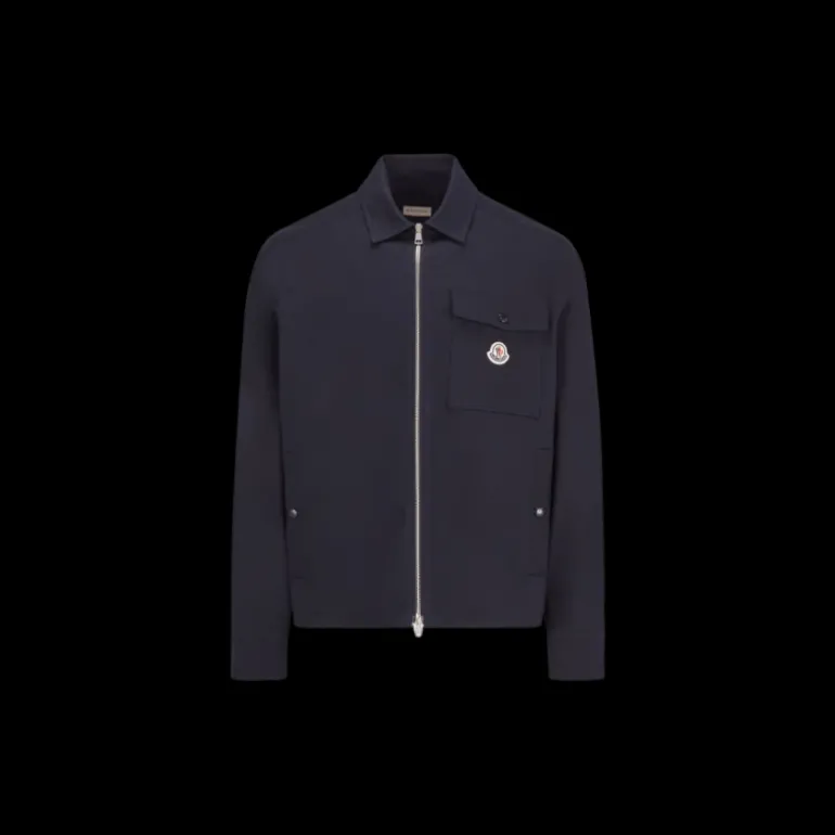 Veste chemise zippée MONCLER gabardine coton bleu marine poche poitrine