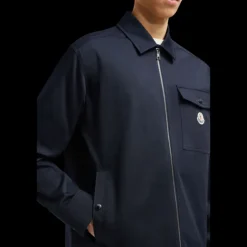 Veste chemise zippée MONCLER gabardine coton bleu marine poche poitrine
