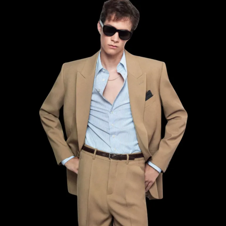 Veste Costume SAINT LAURENT Blazer simple bouton gabardine de laine beige foncé