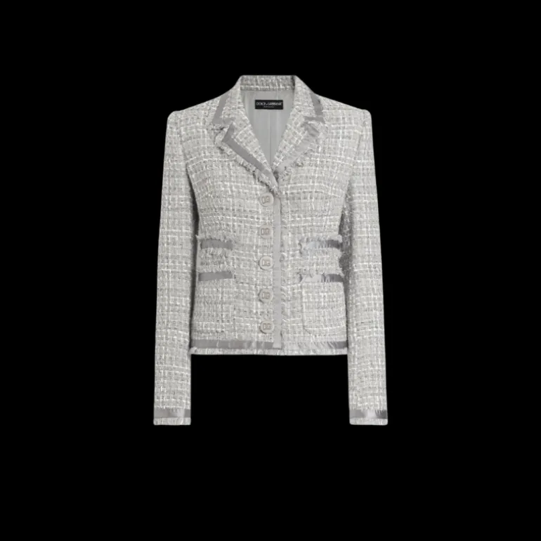 Veste courte DOLCE & GABBANA à simple boutonnage en lamé bouclé gris argent passepoil en satin