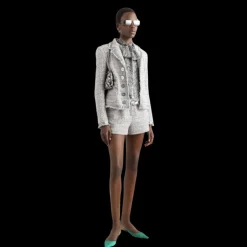 Veste courte DOLCE & GABBANA à simple boutonnage en lamé bouclé gris argent passepoil en satin