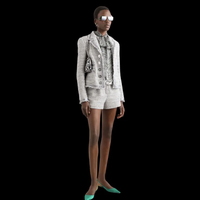 Veste courte DOLCE & GABBANA à simple boutonnage en lamé bouclé gris argent passepoil en satin