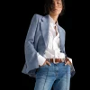 Veste de costume BARBARA BUI cintrée lin coton bleu jean manche fendue