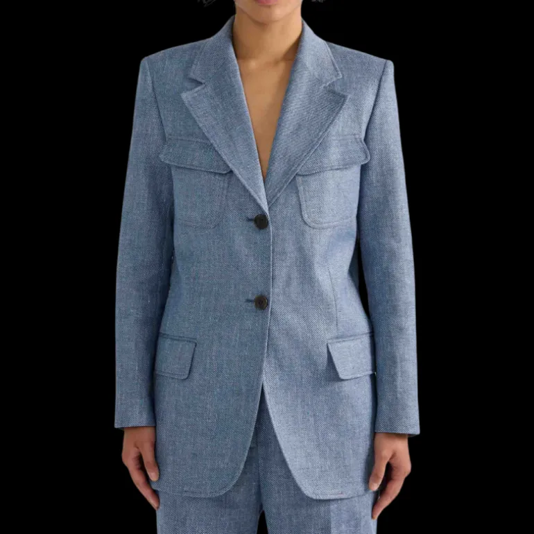 Veste de costume BARBARA BUI cintrée lin coton bleu jean manche fendue