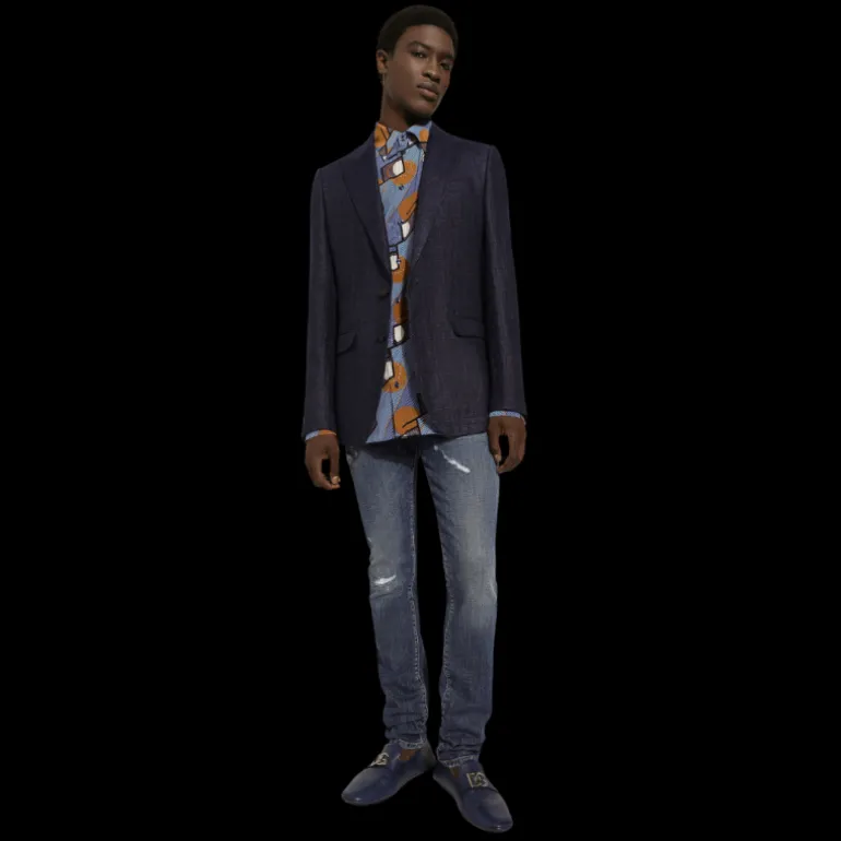 Veste DOLCE & GABBANA Taormina lin mélangé bleu marine simple boutonnage