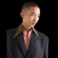 Veste droite en laine mohair bleu marine col marron