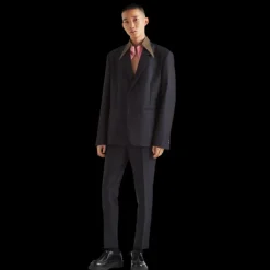 Veste droite en laine mohair bleu marine col marron