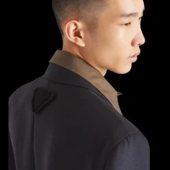 Veste droite en laine mohair bleu marine col marron