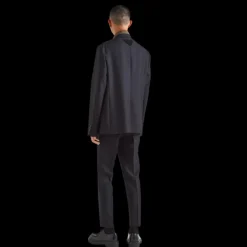 Veste droite en laine mohair bleu marine col marron