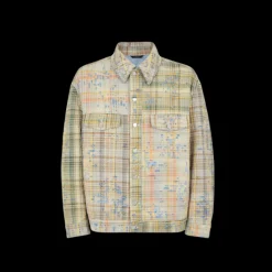 Veste en jean FENDI boutons tissu madras coton patchwork carreaux beige