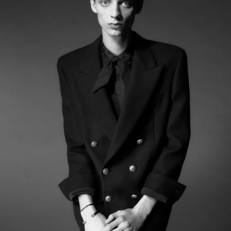 Veste SAINT LAURENT à double boutonnage poils de chameau recyclés noir