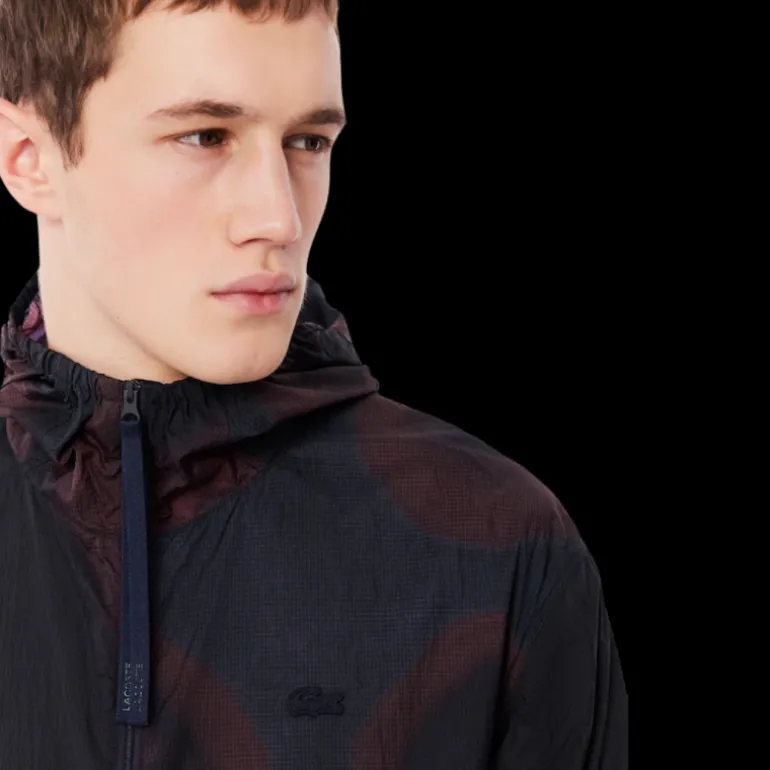 Veste zippée à capuche LACOSTE nylon ripstop imprimé dégradé bleu marine bordeaux